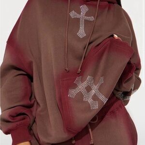 Fashion Nova Brown Hoodie with Rhinestone Cross